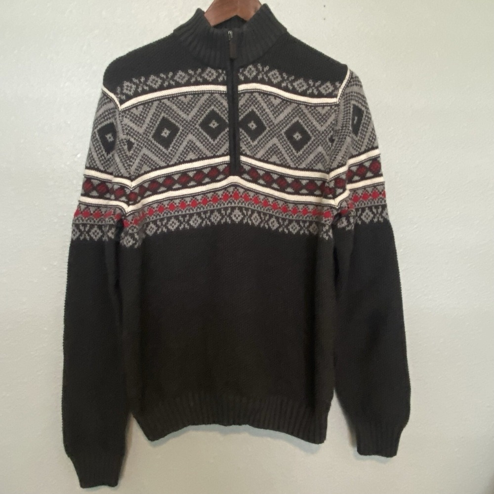 Izod Mens Fair Isles Sweater Size M Gray 1/4 Zip Pullover Mock Neck Nordic